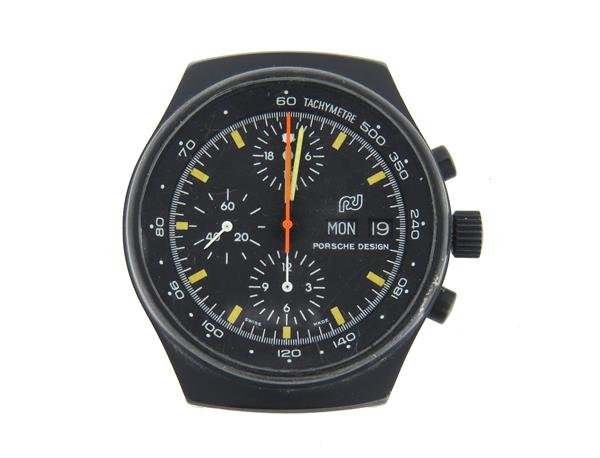 Porsche Design Orfina Chronograph Day Date Watch: Case 40mm in diameter. Black dial with 3 reg. chronograph, day date at 3 o'clock. Automatic movement - running order, cal. 5100. Missing band.Watches are guaranteed to be in running order, if desc