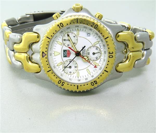 Tag Heuer Professional Link Chronograph Watch CG1120 0: Two tone case - 37mm in diameter. Rotating bezel, white dial with 3 reg.chronograph, luminous markers and hands, date at 4 o'clock. Link two tone bracelet and original buckle. Quartz - running ord