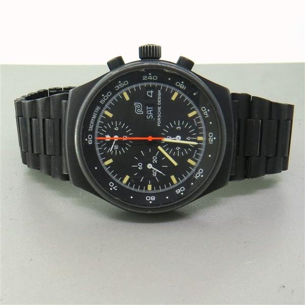 Porsche Design Day Date Chronograph Watch 7176S: Case - 40mm in diameter. Black dial with 3 reg. chronograph, day and date at 3 o'clock. Automatic - running order. Watches are guaranteed to be in running order, if described as such, at the time 