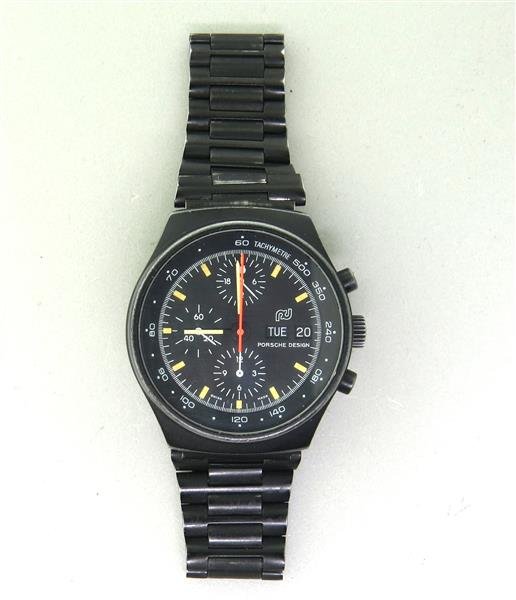 Porsche Design Day Date Chronograph Watch 7176S: Case - 40mm in diameter. Black dial with 3 reg. chronograph, day date at 3 o'clock. Automatic movement - running order.Watches are guaranteed to be in running order, if described as such, at the t