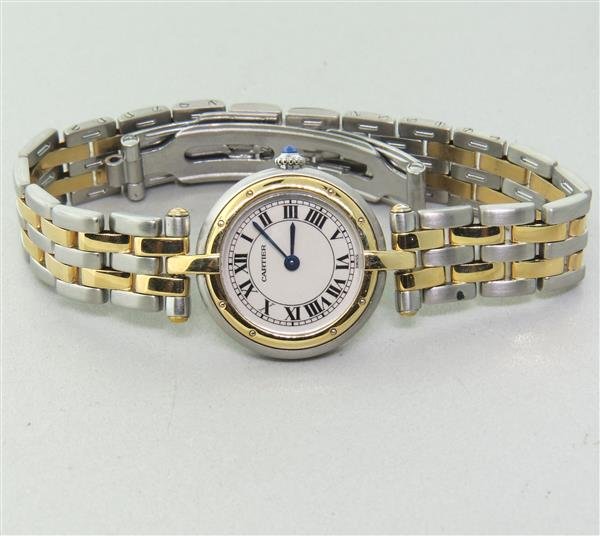 Cartier Panther 18k Gold Stainless Steel Watch: Gold steel case - 24mm in diameter. Quartz movement - running order. Cartier signed dial with black roman numerals, sapphire crown. Original two tone 5 link bracelet,hidden deployant buckle.Watches ar