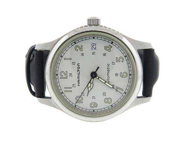 Hamilton Automatic Skeleton Back Watch: Case - 35mm in diameter. Automatic movement, 25 jewels,skeleton back - running order. Date at 3 o'clock, center second hand.Watches are guaranteed to be in running order, if described as such, at