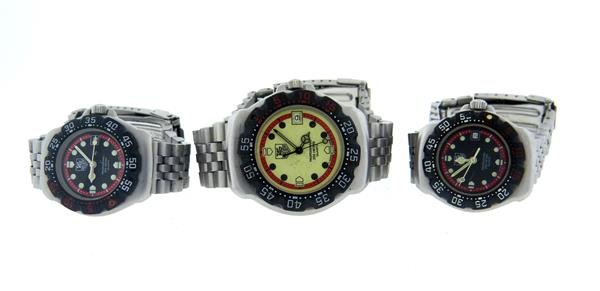 Tag Heuer Professinal Watch Lot of 3: Lot of 3 Tag Heuer watches, cases measure 28mm, 28mm and 35mm in diameter - all quartz movements, not running. Functions - luminous dial, hands and markers, date at 3 o'clock.Watches are guarantee