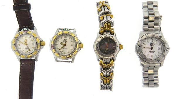 Tag Heuer Ladies Watch Lot of 4: Lot of 4 Ta g Heuer watches - cases are 23mm, 27mm, 27mm, 27mm in in diameter. Functions - rotating bezels, date at 3 o'clock, luminous hands/markers. All quartz movements - not running.Watches ar