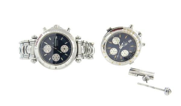 Philippe Charriol Chronograph Watch Lot: Lot has 2 cases and 1 band, cases are - 40mm in diameter and 12mm thick. Three reg. chronograph, center second hand, date at 3 o'clock. Automatic movement - 1 running (SuperSports) one stops and g