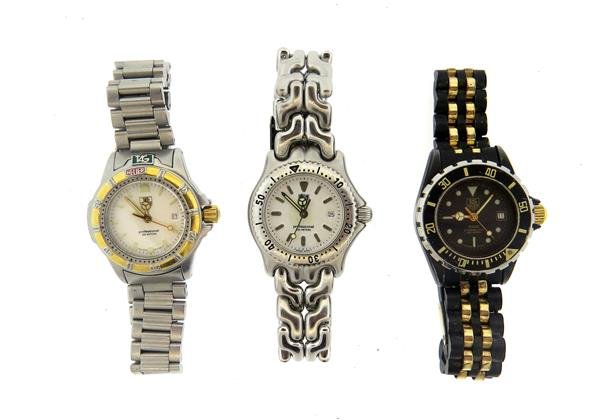 Tag Heuer Watch Lot of 3: Lot of 3 Tag Heuer watches - cases are 27mm, 27mm, 28mm in diameter. Functions - date at 3 o'clock, luminous markers and hands. Quartz movement - not running.Watches are guaranteed to be in runnin