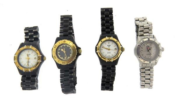 Heuer Tag Heuer Watch Lot of 4: Lot of 3 Heuer and 1 Tag Heuer ladies watches - cases are 27mm, 27mm, 26mm, 26mm in diameter. Quartz movements - not running. Watches are guaranteed to be in running order, if described as such, at th