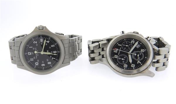 Hamilton Khaki Chronograph Watch Lot of 2: Lot of 2 Hamilton watches - cases measure 38mm and 37mm in diameter. Functions - three reg. chronograph, date at 3 and 4 o'clock. Quartz movements - not running. One band is detached and pin is be