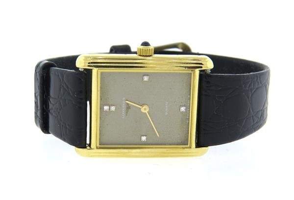 Longines 18k Gold Diamond Leather Band Watch: 18k gold case - 25mm excl crown x 33mm lug tip to lug tip. Quartz movement - running order. Longines fancy dial with 4 diamond markers, sapphire crown. Watches are guaranteed to be in running order, i