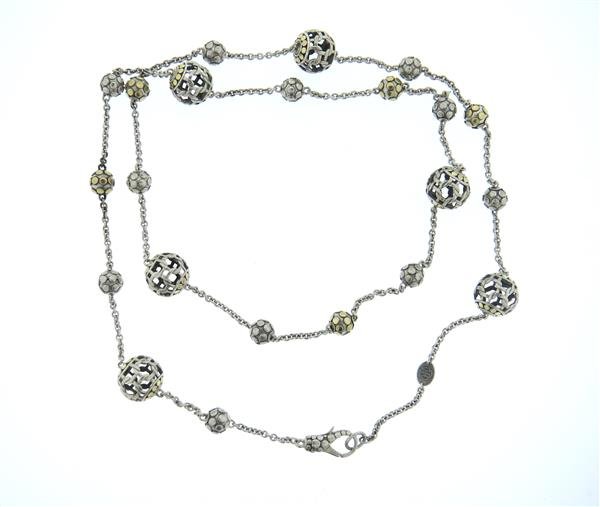 John Hardy Sterling 18k Gold Ball Necklace: Necklace is 37" long, larger balls are 15mm in diameter. Marked JH, 18k,925. weight - 59.2grColor stones have not been tested for color and clarity enhancement,unless stated otherwise. Watches ar