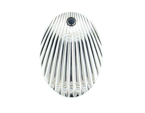 Cartier Sterling Sapphire Mirror in Pouch: Mirror measures 85mm x 62mm. Decorated with sapphire cabochon.Some discoloration on mirror. Comes in Cartier pouch, with box and papers. New old stock.Color stones have not been tested for color and c