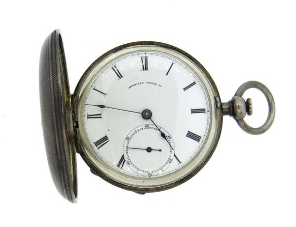 Antique Coin Silver W. Ellery Waltham Pocket Watch: Coin silver hunter case - 53mm in diameter. Porcelain dial in excellent condition. Key wind, key is missing. not running.Color stones have not been tested for color and clarity enhancement,unless stat