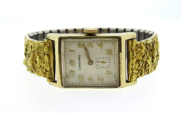 Longines GF Watch with Pure Gold Nugget Band: Gold filled case - 22mm excl crown x 38mm lug tip to lug tip. Original crystal. Band with two 15mm x 26mm pure gold nuggets. 17 jewel manual wind movement - running order, cal. 9L.Color stones have no