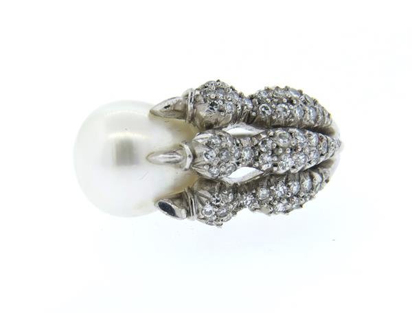 Unusual Antique 14k Gold Pearl Diamond Claw Ring: Ring size 7, ring top is approx 13mm x 25mm. South Sea baroque pearl - 10.7mm x 13.7mm. Diamonds approx. 0.50ctw. Tested 14k. weight - 11.2grColor stones have not been tested for color and clarity enh