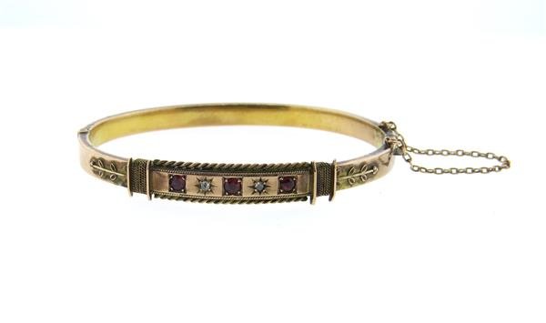 1870s Victorian Antique 9k Gold Diamond Bracelet: Bangle will fit up to 7" wrist and is 7mm wide. Rose cut diamonds and red stones. Tested 9k. weight - 6.9grColor stones have not been tested for color and clarity enhancement,unless stated otherw