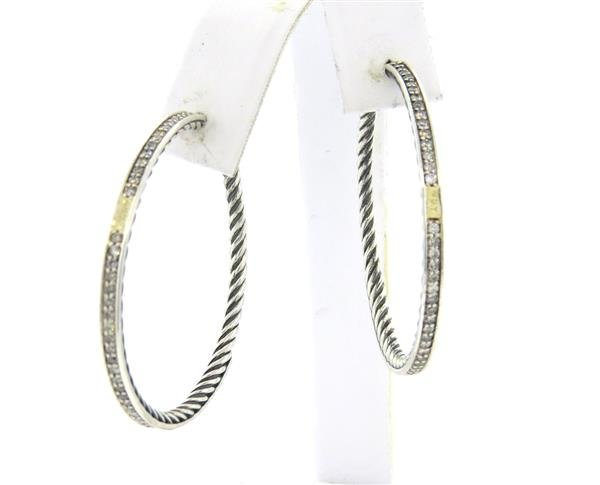 David Yurman Sterling Diamond Cable Hoop Earrings: Hoops are 41m in diameter and 2.7mm wide. Set with diamonds. Marked D.Y. weight - 9.4grColor stones have not been tested for color and clarity enhancement,unless stated otherwise. Watches are guarante