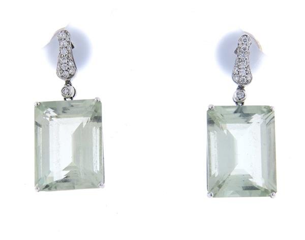 Antonini A & Furst 18k Gold Diamond Green Amethyst: Earrings are 36mm long. Light green amethysts - approx. 20ct each, set with approx. 0.35-0.40ctw in diamonds. Marked A & First ( new company established in 2008 by Carlo Antonini and his wife Kiki