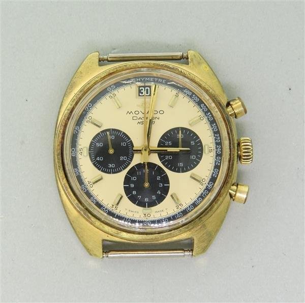 1970s Movado Datron HS360 Chronograph Watch: Gold filled case top - 36mm excl . crown x 41mm lug tip to lug tip. Automatic movement, 17 jewels - running order. Screwball stainless steel back. Three reg. chronograph, date at 12 o'clock. Watch
