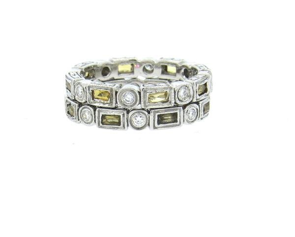 18k Gold Diamond Stackable Band Ring Set of 2: Rings are size 5 3/4 and 6, each band is 3mm wide. Set with diamonds and light brown stones. Tested 18k. Weight - 6.7 gramsGemstones have not been graded for color and clarity ,and tested for clarity 