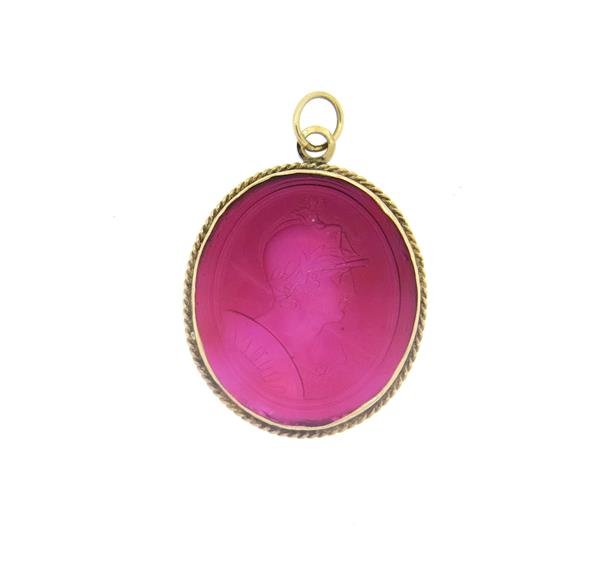 Antique 14k Gold Hardstone Intaglio Large Pendant: Pendant is 38mm x 33mm. Hardstone intaglio. Tested 1k. Weight - 15.5 grams.Gemstones have not been graded for color and clarity ,and tested for clarity and color enhancement, unless stated otherwise.