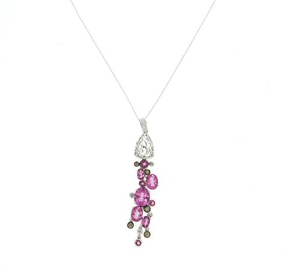 14k Gold Diamond Pink Beryl Lavalier Necklace: Necklace is 18" long, pendant is 66mm x 13mm. Gemstones - diamonds and pink beryl. Marked 14k. Weight - 10.4 grams.Gemstones have not been graded for color and clarity ,and tested for clarity and