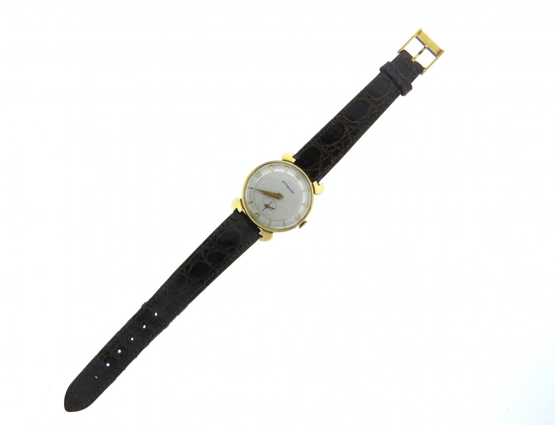 1950s Whittnauer 14k Gold Watch: 14k gold case 28mm in diameter, fancy lugs. Movement - 17 jewels, signed Longines. Manual wind - running order . Watches are guaranteed to be in running order, if described as such, at the time of lis