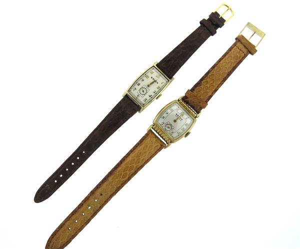 Gruen Watch Lot of 2: Lot of 2 Gruen watches - cases measure 25mm x 37mm lug tip to lug tip and 20mm x 35mm lug tip to lug tip. One is missing crystal. Both manual wind movement - one running, one non running.Gemstones hav