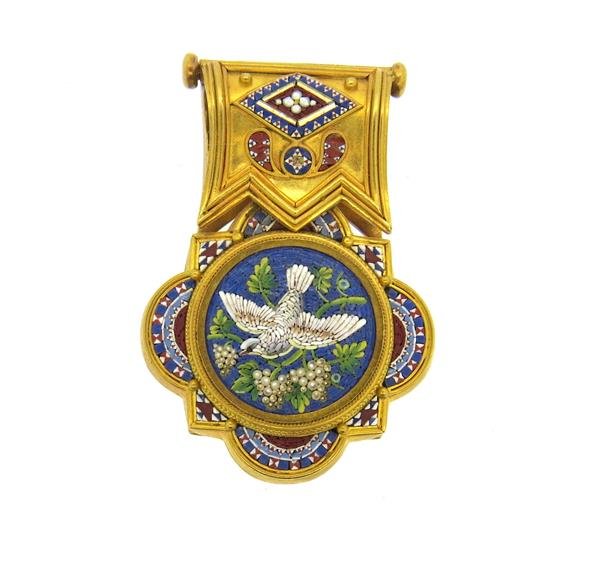 Antique Italy 18k Gold Micro Mosaic Pendant Locket: Pendant is 41mm x 28mm.Set with micro mosaic ornaments, signed "Roma". Tested 18k. Weight - 24.1 grams.Gemstones have not been graded for color and clarity ,and tested for clarity and color 