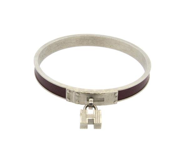 Hermes Base Metal Burgundy Leather Bangle Bracelet (1 of 3)