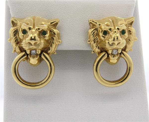 14k Gold Diamond Emerald Lion Doorknocker Earrings (1 of 4)