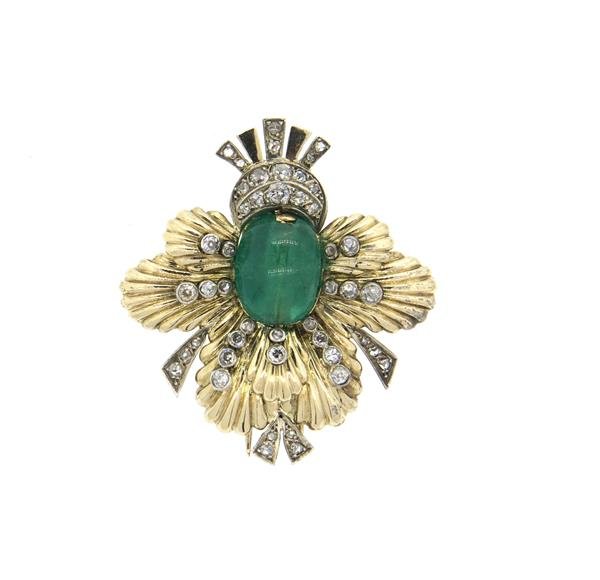 Antique 15k Gold Silver Emerald Diamond Brooch Pendant (1 of 4)