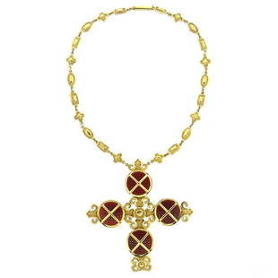 Ilias Lalaounis Carnelian 18k Gold Pendant Necklace: 15 1/2" long necklace with large cross pendant,measuring 90mm x 85mm. Set with carnelian stones. Marked Ilias Lalaounis,750,makers mark. Weight - 61.9 grams.Gemstones have not been graded for col