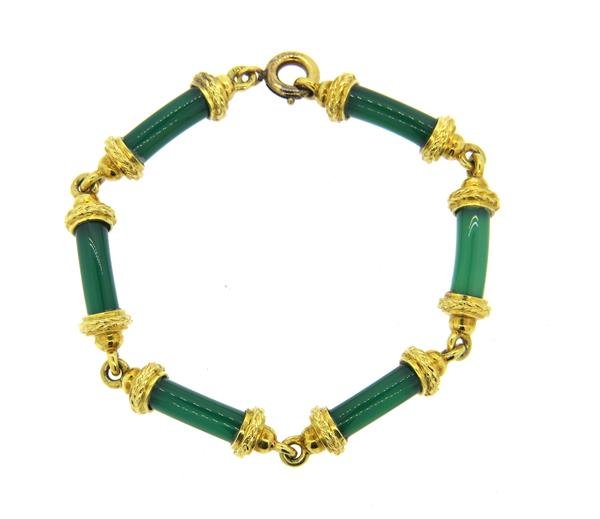 18k Gold Chalcedony Bracelet: Bracelet is 7 6/8" long and 8.5mm wide. Gemstones - chalcedony. Marked 18k. Weight - 30.4 grams.Gemstones have not been graded for color and clarity ,and tested for clarity and color enhancement,