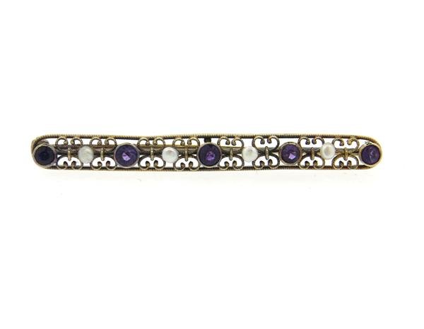 Antique 14k Gold Pearl Amethyst Brooch Pin Bar (1 of 2)
