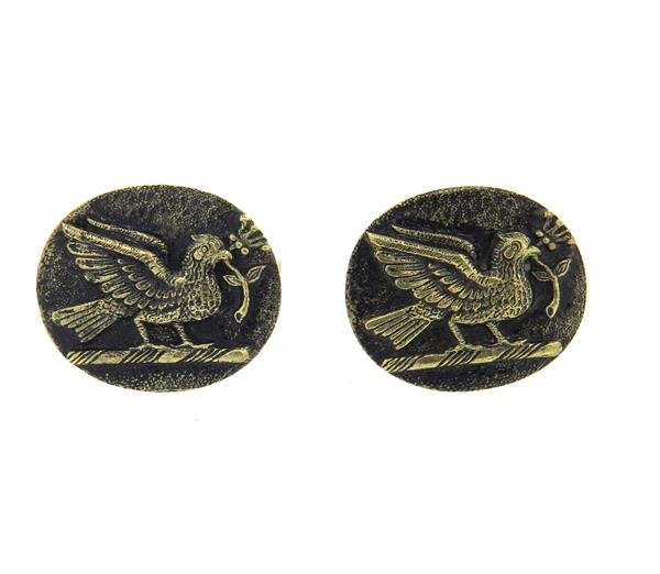 Julius Cohen 14k Gold Bird Oval Cufflinks: Cufflink top measures 24mm x 19mm. Marked 14k Julius Cohen. Weight - 29.2 grams.Gemstones have not been graded for color and clarity ,and tested for clarity and color enhancement, unless stated otherw