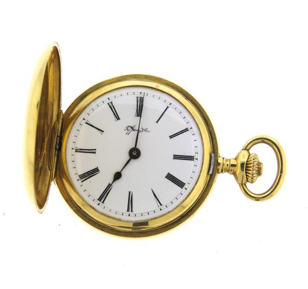 Antique Tiffany & Co 18k Gold Pocket Watch: 18k gold case - 32mm in diameter. Porcelain dial in excellent condition, black roman numeral markers. Movement signed : Tiffany & Co, made in Switzerland, No. 75260. Case : 18k, 75260. Working ord