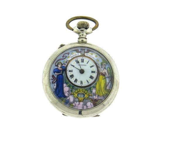 Brevet Exclusif Fancy Dial Pocket Watch 27192: Case - 50mm in diameter. Fancy porcelain hand painted dial. Running order - movement signed: secunda mano en second,repasado de repasse, Brevet 27192.Gemstones have not been graded for color and clari