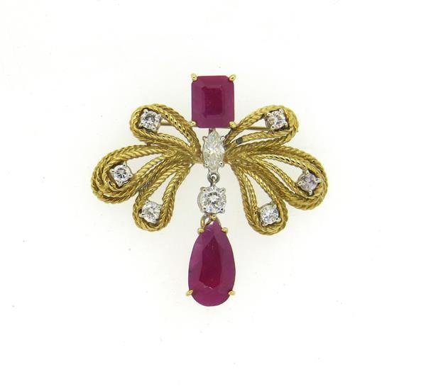 18k Gold Ruby 1.30ctw Diamond Brooch Pin (1 of 4)
