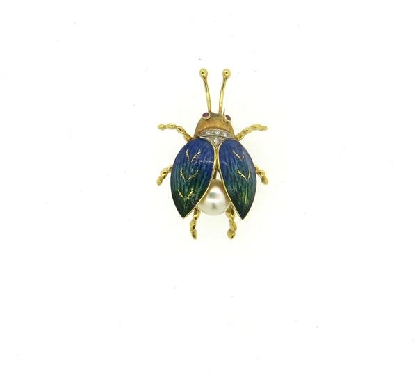 18k Gold Emael Pearl Diamond Ruby Bug Pin (1 of 4)