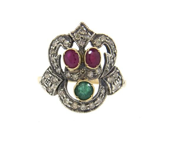 Ruby Emerald Diamond 13K Gold Silver Ring (1 of 4)