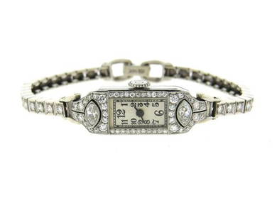 Art Deco Platinum Diamond Lady's Watch: Platinum case - 10mm excl crown x 30mm. Case and band decorated with diamonds. Desta movement - running order, 17 jewels.Cressarow case. band is 14k gold - 6 2/8" long. Weight - 20 grams.Gemstone