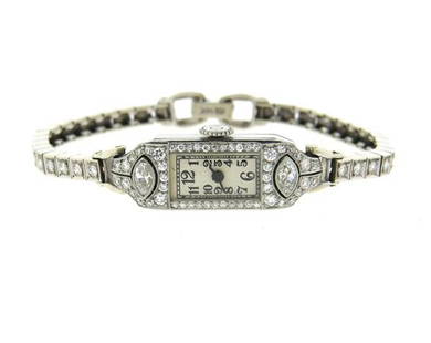 Art Deco Platinum Diamond Lady&#39;s Watch: Platinum case - 10mm excl crown x 30mm. Case and band decorated with diamonds. Desta movement - running order, 17 jewels.Cressarow case. band is 14k gold - 6 2/8&quot; long. Weight - 20 grams.Gemstone