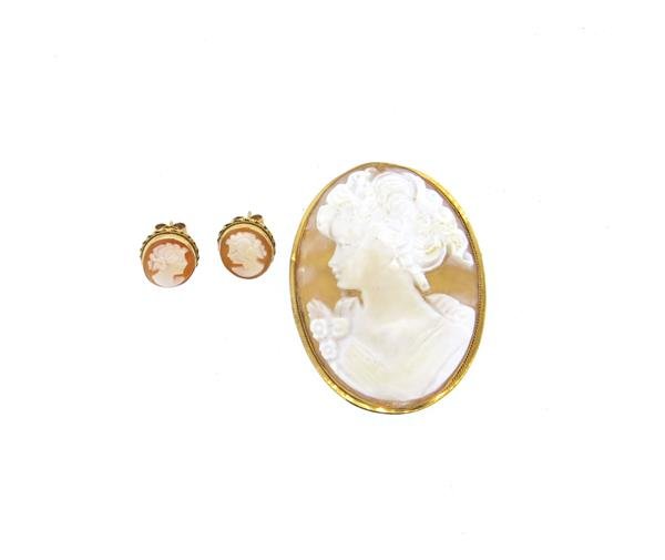 18k Gold Cameo Brooch 14k Gold Stud Earrings Set (1 of 5)