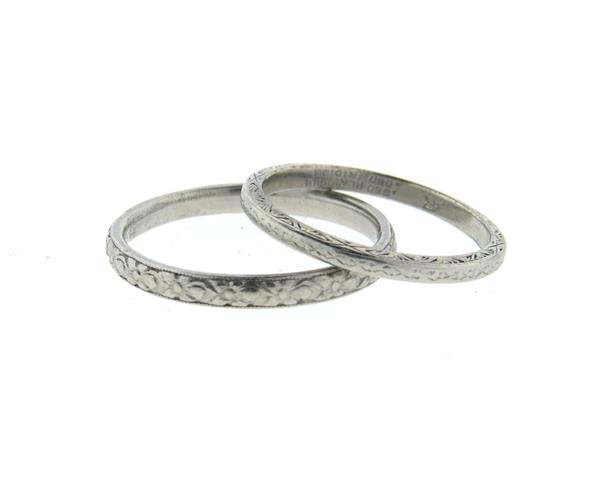 Art Deco Platinum Ellis Bros Wedding Band Ring Set of 2 (1 of 3)