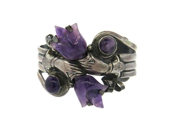 Mexican Sterling Carved Amethyst Large Cuff Bracelet (1 of 5)