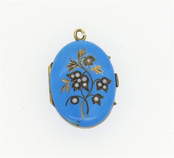 Antique 14k Gold Blue Enamel Pearl Locket Pendant (1 of 3)