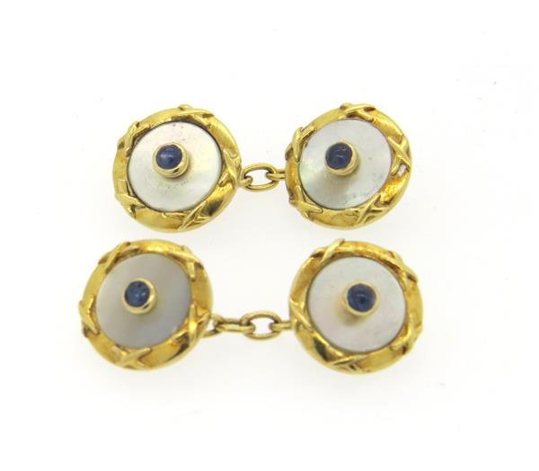 18k Gold Mother of Pearl Sapphire Cufflinks (1 of 2)