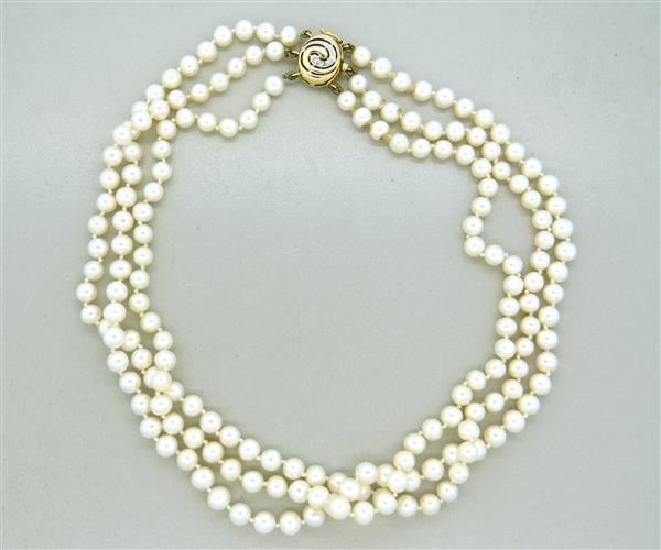 14k Gold Diamond Pearl Three Strand Necklace (1 of 3)
