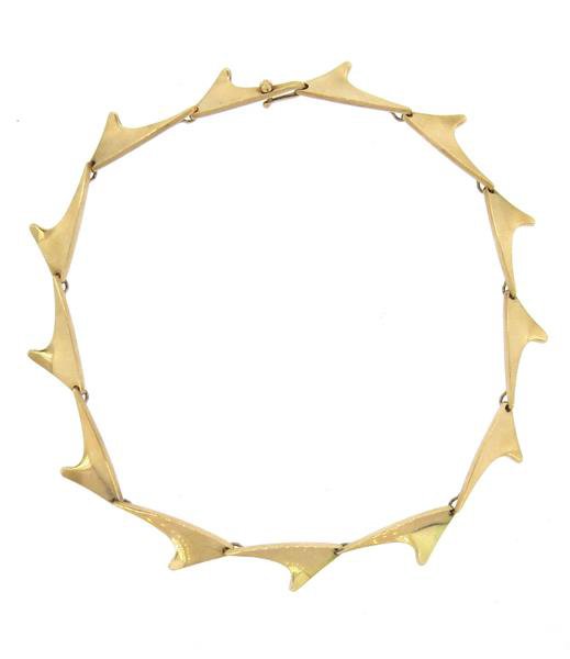 Bent Knudsen Modernist 14k Gold Necklace: Measures 15" in length and 12mm in width. Marked - 585,Denmark and Bent K. Weight - 53 grams.Gemstones have not been graded for color and clarity ,and tested for clarity and color enhancement, un