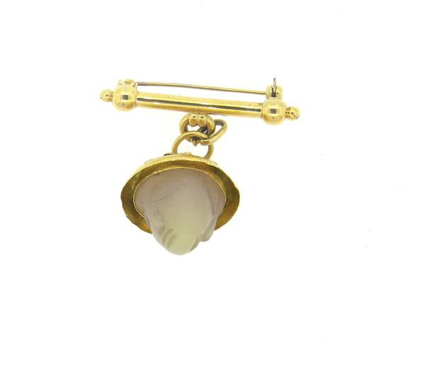 18k Gold Frosted Carved Gemstone Dangle Brooch (1 of 5)